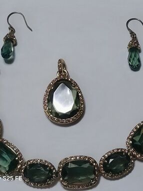 Monet jewery Green Teardrop Crystal Pendant and Bracelet Set - Gold Accents